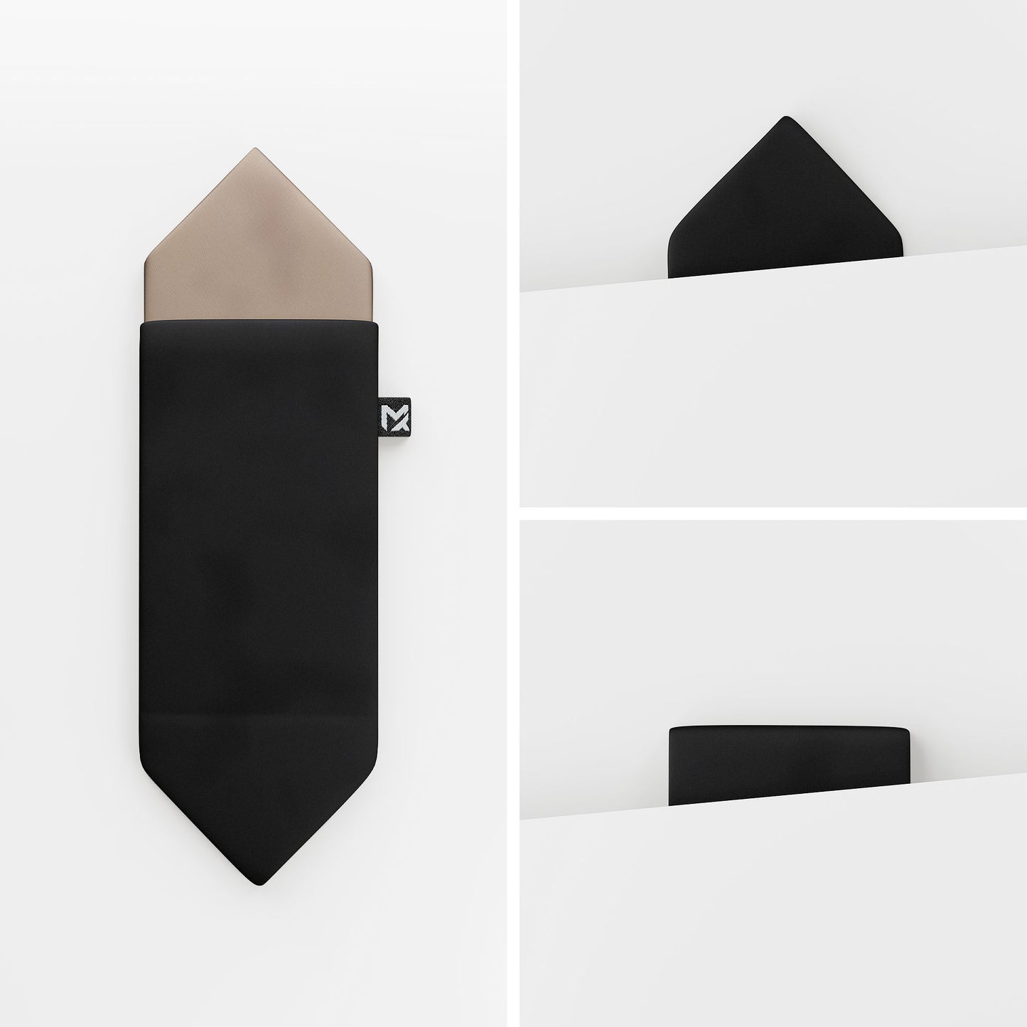 Black Pocket Square – Onyx Black & Dune Beige | Crêpe Satin Silk | Pre-Folded 2-in-1