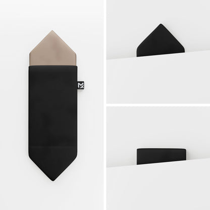 Black Pocket Square – Onyx Black & Dune Beige | Crêpe Satin Silk | Pre-Folded 2-in-1