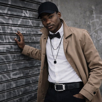 Onyx Black Set – Bow Tie & Pocket Square | Onyx Black & Crème White | Crêpe Satin Silk