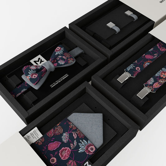 Blue Floral Set – Bow Tie, Pocket Square, Suspenders & Cufflinks | Wildflowers & Fog Blue