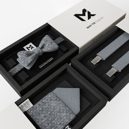 Blue Mesh Set – Bow Tie, Pocket Square & Suspenders | Mesh Melange & Fog Blue