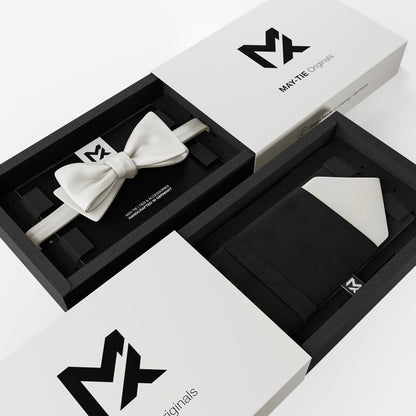 Crème White Set – Bow Tie & Pocket Square | Crème White & Onyx Black | Crêpe Satin Silk