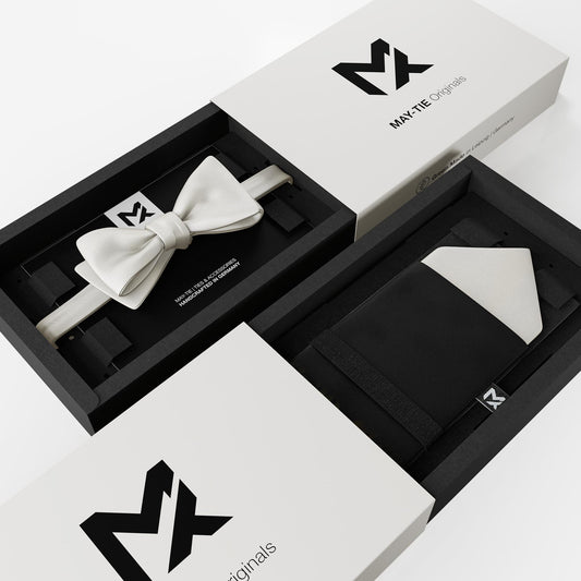 Crème White Set – Bow Tie & Pocket Square | Crème White & Onyx Black | Crêpe Satin Silk