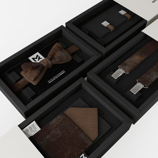 Brown Industrial Set – Bow Tie, Pocket Square, Suspenders & Cufflinks | Rust Brown & Truffle