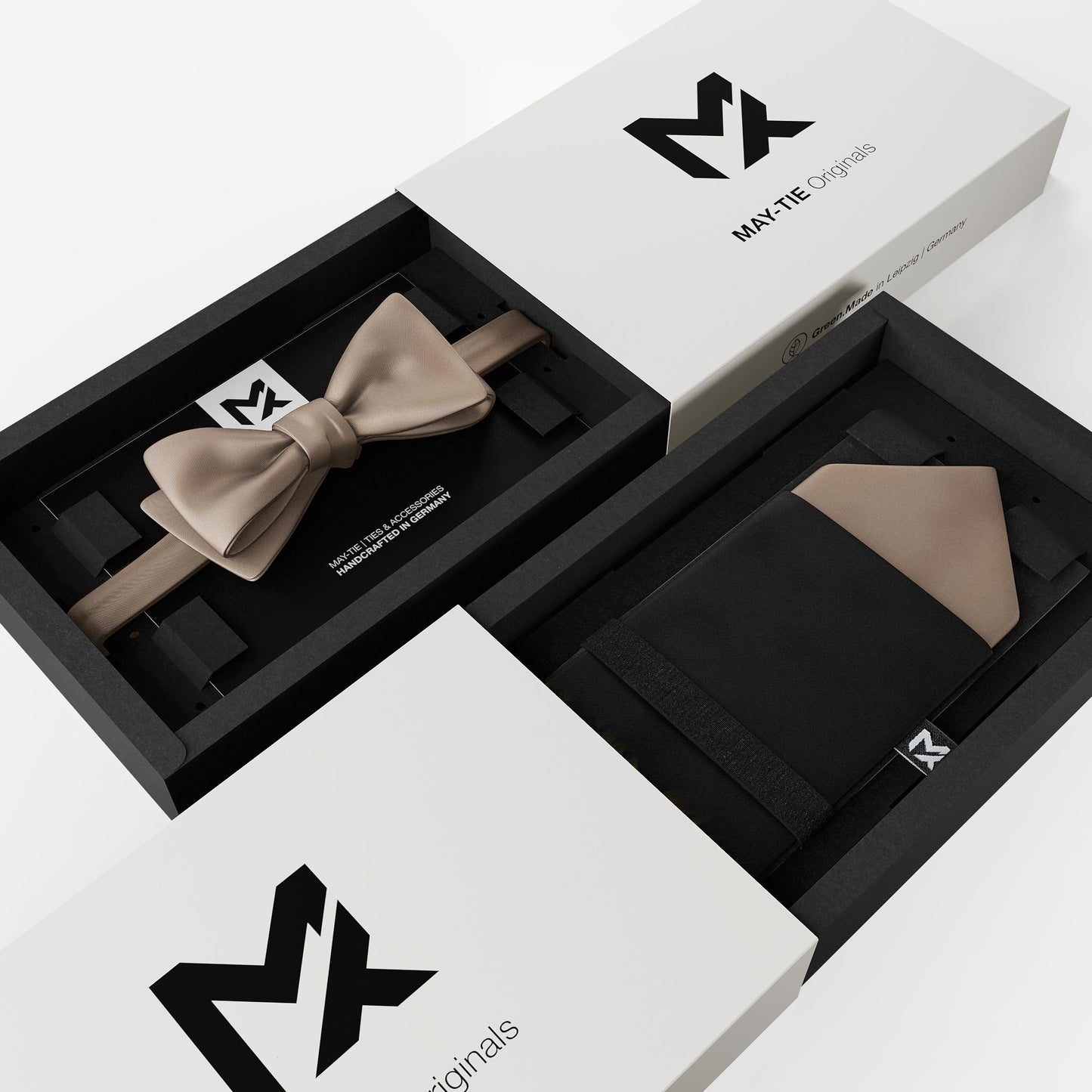 Black Pocket Square – Onyx Black & Dune Beige | Crêpe Satin Silk | Pre-Folded 2-in-1