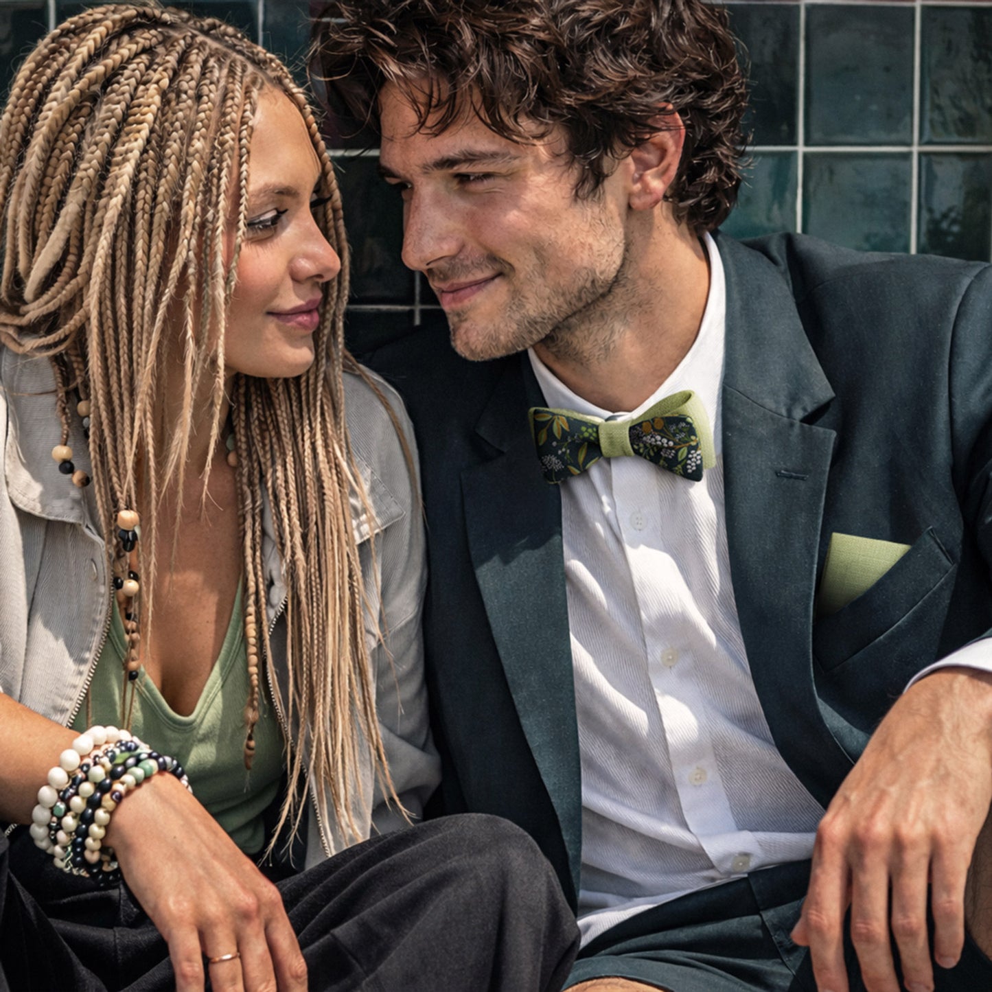 Green Floral Set – Bow Tie & Pocket Square | Botanic Garden & Pistachio | Peace Silk