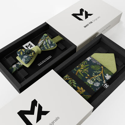 Green Floral Set – Bow Tie & Pocket Square | Botanic Garden & Pistachio | Peace Silk