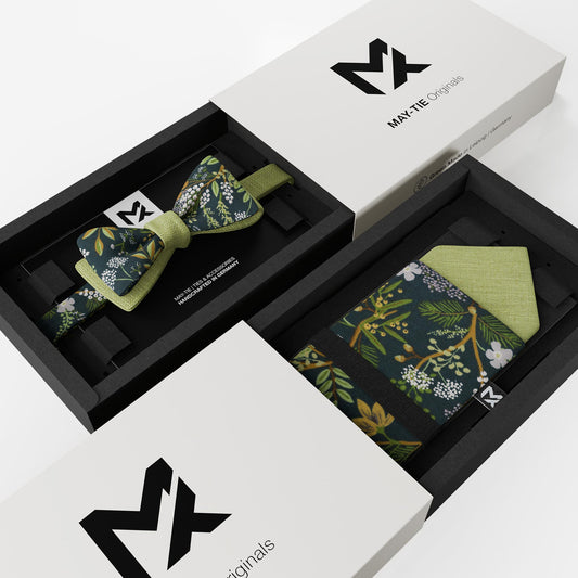 Green Floral Set – Bow Tie & Pocket Square | Botanic Garden & Pistachio | Peace Silk