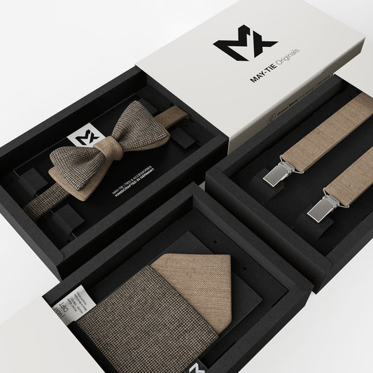 Brown Tweed Set – Bow Tie, Pocket Square & Suspenders | Houndstooth & Sahara Brown