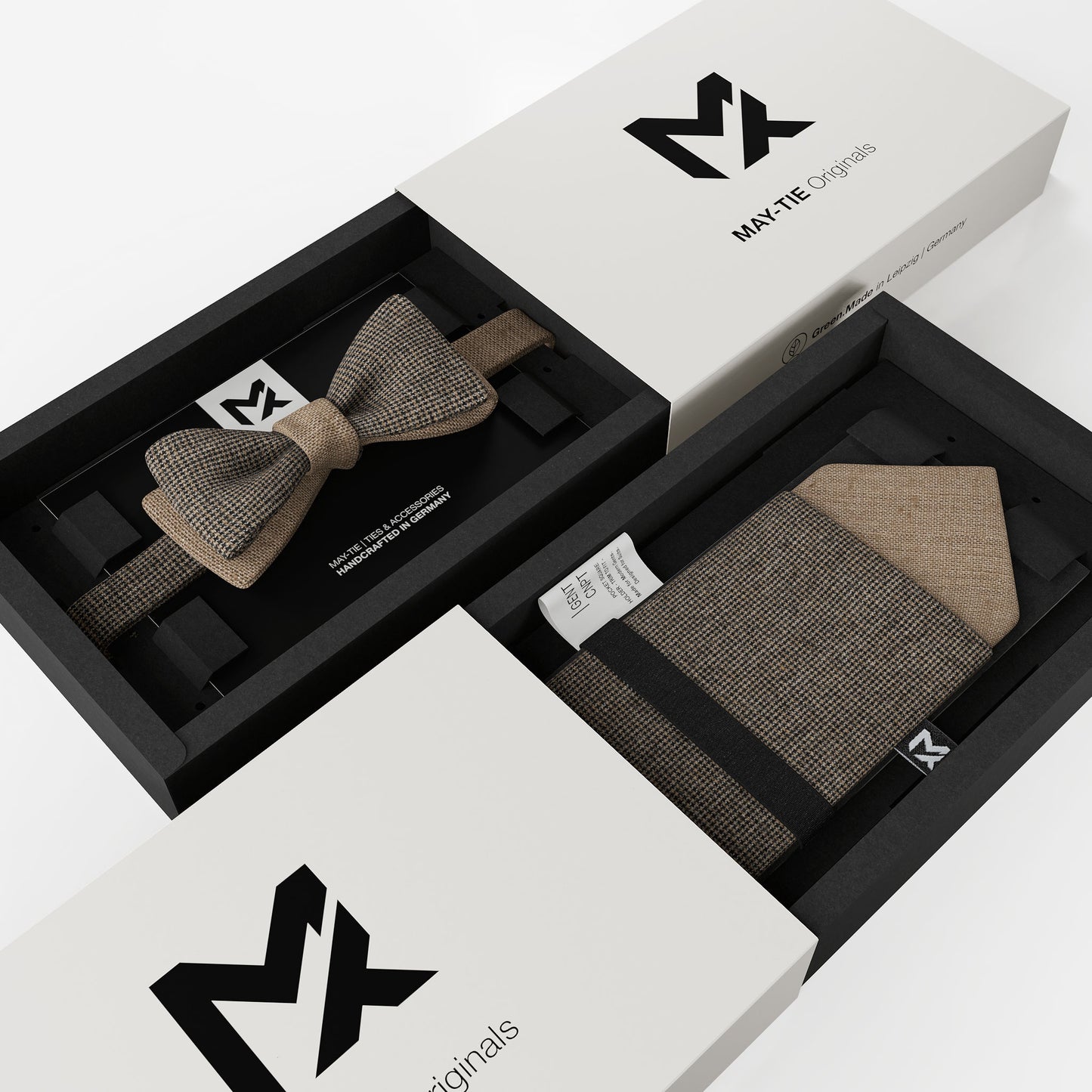 Brown Tweed Set – Bow Tie & Pocket Square | Houndstooth & Sahara Brown | Peace Silk