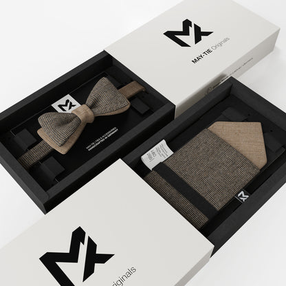 Brown Tweed Set – Bow Tie & Pocket Square | Houndstooth & Sahara Brown | Peace Silk
