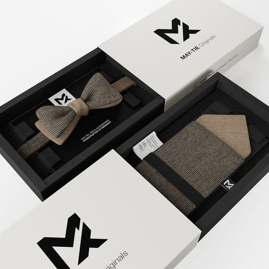Brown Tweed Set – Bow Tie & Pocket Square | Houndstooth & Sahara Brown | Peace Silk