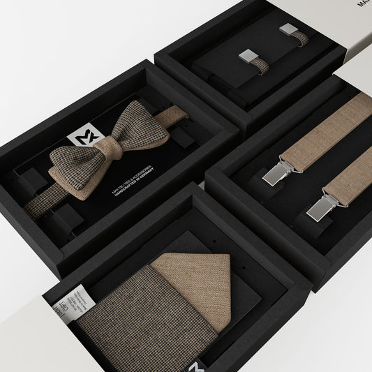 Brown Tweed Set – Bow Tie, Pocket Square, Suspenders & Cufflinks | Houndstooth & Sahara Brown