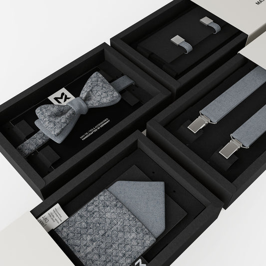 Blue Mesh Set – Bow Tie, Pocket Square, Suspenders & Cufflinks | Mesh Melange & Fog Blue