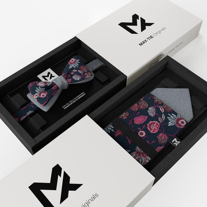 Blue Floral Set – Bow Tie & Pocket Square | Wildflowers & Fog Blue | Peace Silk
