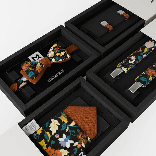 Orange Floral Set – Bow Tie, Pocket Square, Suspenders & Cufflinks | Orange Bloom & Copper