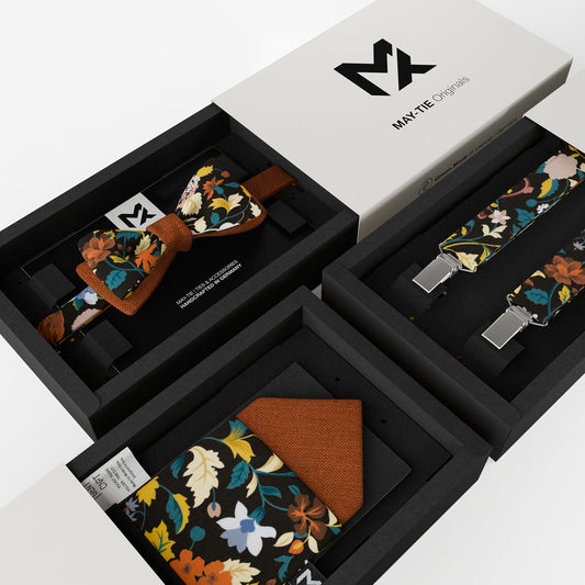 Orange Floral Set – Bow Tie, Pocket Square & Suspenders | Orange Bloom & Copper