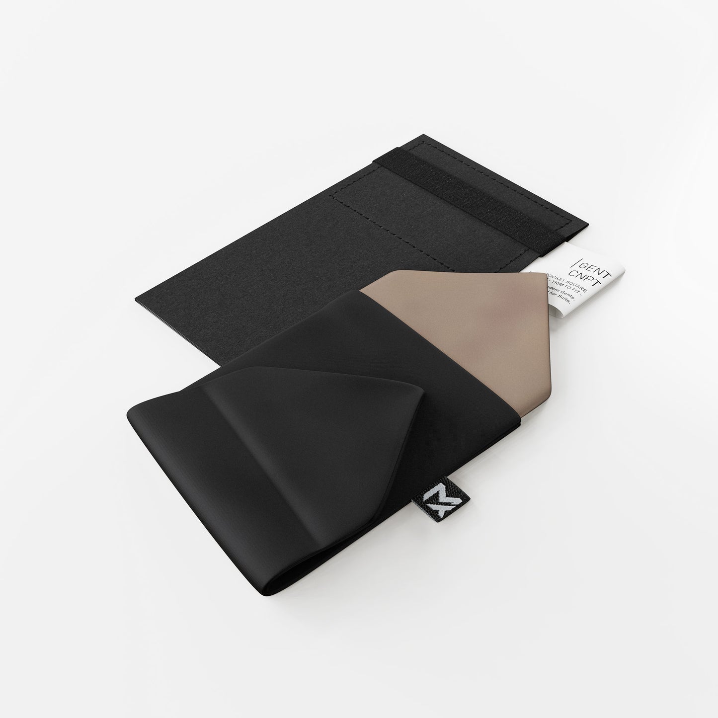 Black Pocket Square – Onyx Black & Dune Beige | Crêpe Satin Silk | Pre-Folded 2-in-1
