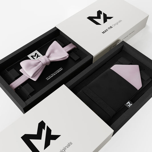 Smoke Lavender Set – Bow Tie & Pocket Square | Smoke Lavender & Onyx Black | Crêpe Satin Silk